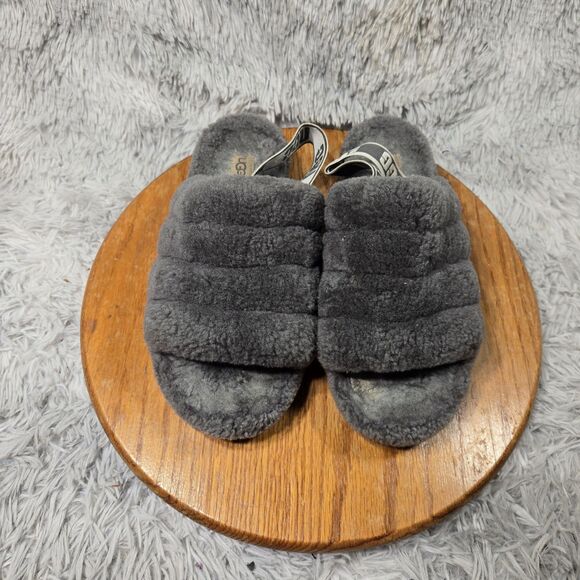 UGG Australia Fluff Yeah Women Size 9 Gray Sheepskin Elastic Comfy Winter Slides - Picture 1 of 7